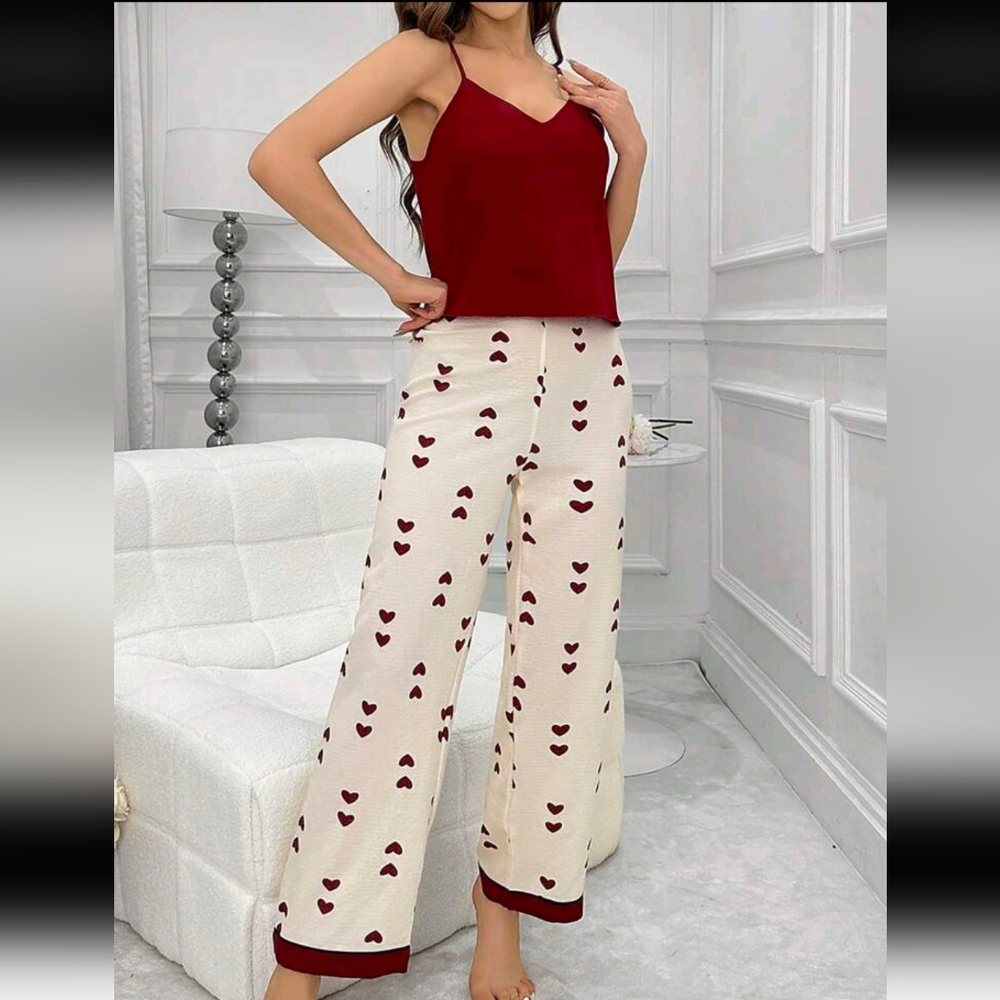 Color Block Heart Print V-Neck Cami & Pants Pajama Set wine red M - Picture 3 of 13